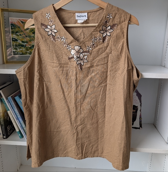 BonWorth Tops - Women's Sleeveless Top Linen Blend Brown Embroidered Large Lagenlook Granola